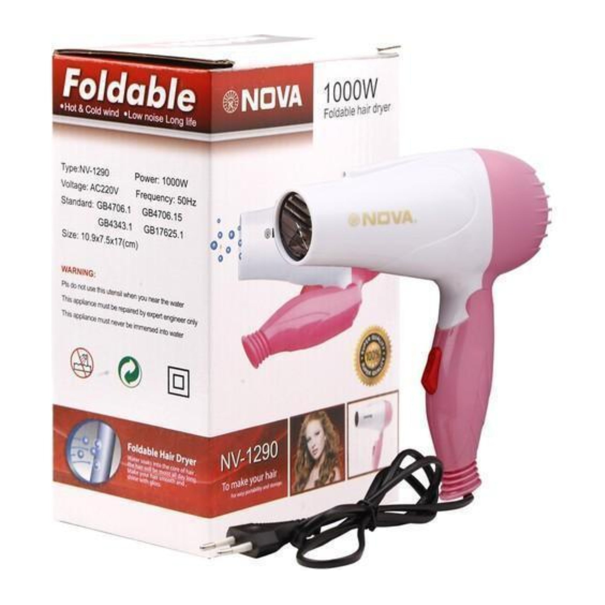 Nova NV-1290 Foldable Hair Dryer | 1000W Hot Air Styling & Quick Drying Machine - Essence Trove