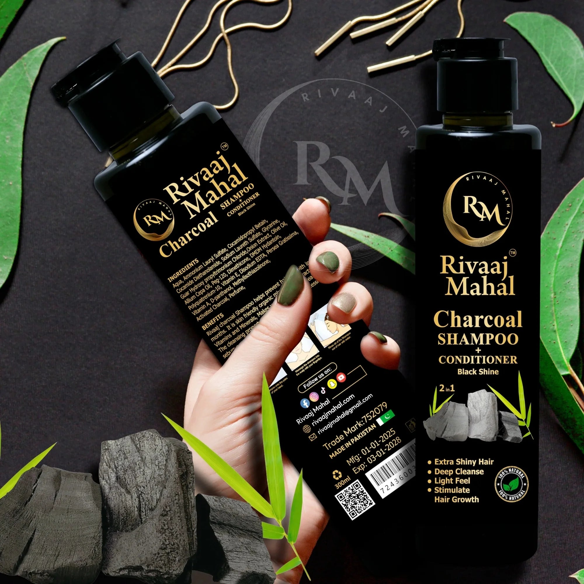 Rivaaj Mahal Charcoal Shampoo + Conditioner 2-in-1 | Black Shine Formula - Essence Trove