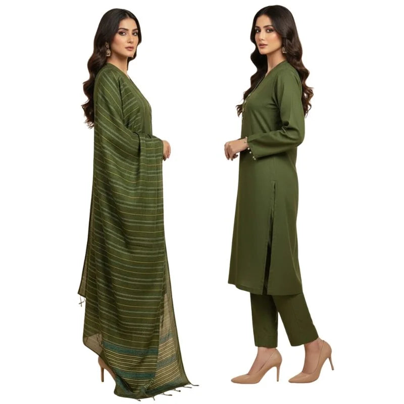 Winter Sussi Silk 3-Piece Suit for Women | Unstitched Plain Shirt & Trouser | Heavy Winter Sussi Shawl | Bottle Green - Essence Trove