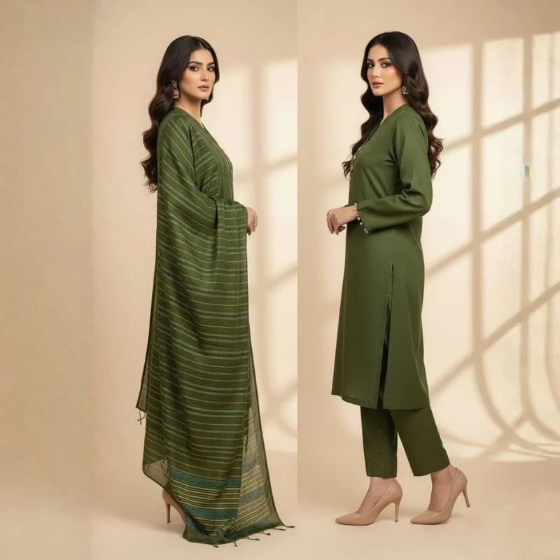 Winter Sussi Silk 3-Piece Suit for Women | Unstitched Plain Shirt & Trouser | Heavy Winter Sussi Shawl | Bottle Green - Essence Trove