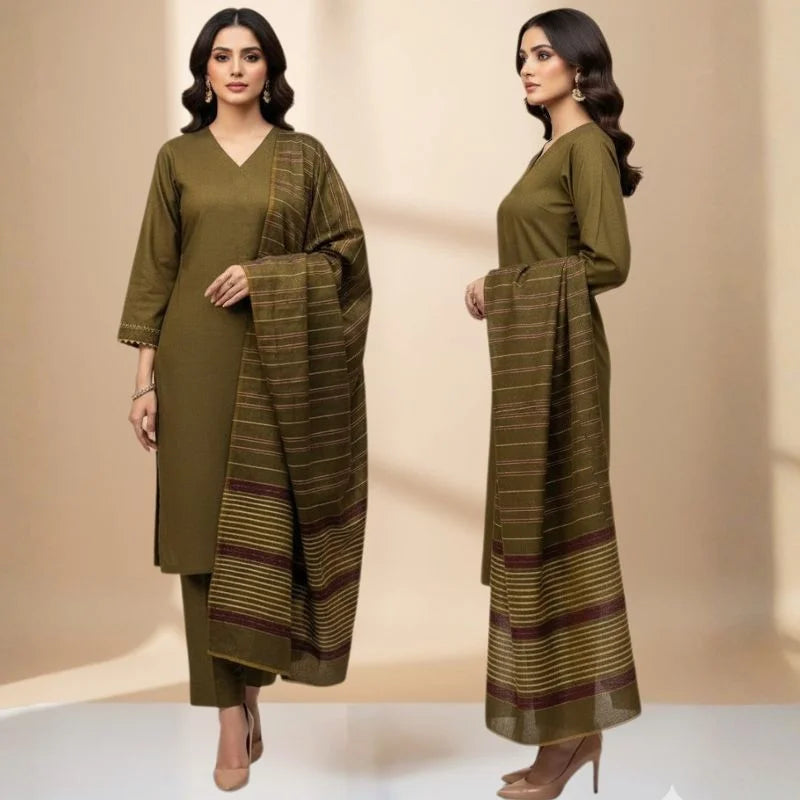 Winter Sussi Silk 3-Piece Suit for Women | Unstitched Plain Shirt & Trouser | Heavy Winter Sussi Shawl |  Olive Green - Essence Trove