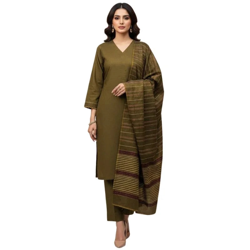 Winter Sussi Silk 3-Piece Suit for Women | Unstitched Plain Shirt & Trouser | Heavy Winter Sussi Shawl |  Olive Green - Essence Trove