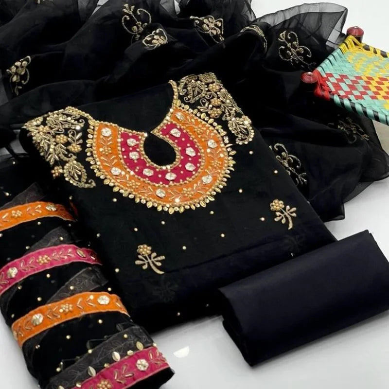 Organza 3-Piece Suit for Women | Unstitched  Handmade Aari Zari & Beads Work - Essence Trove