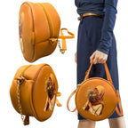 Round Retro Crossbody Handbag | Caramel Faux Leather with Artistic Print for Women - Essence Trove