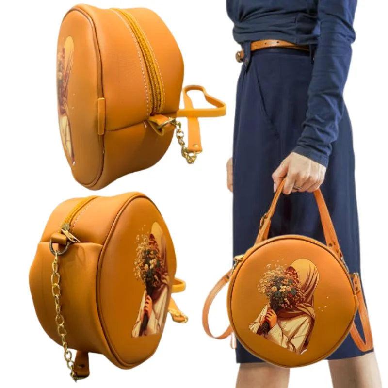 Round Retro Crossbody Handbag | Caramel Faux Leather with Artistic Print for Women - Essence Trove